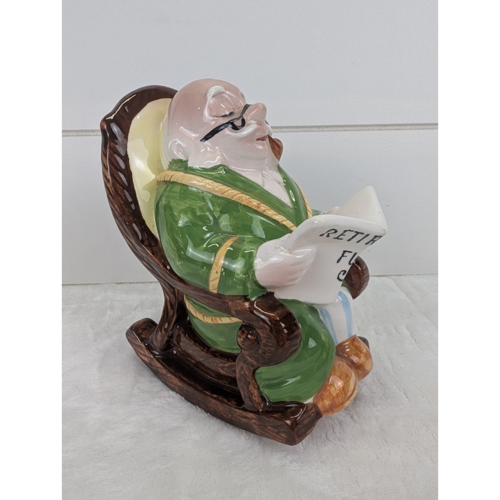 Vintage Lefton Piggy Bank Retirement Fund Grandpa in Rocking Chair Pipe Japan